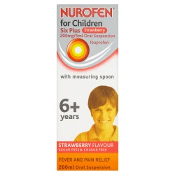 Nurofen For Children 6+ 200mg/5ml Oral Suspension Strawberry 200ml | Fast sugar-free fever and pain relief for kids Nurofen For Children 6+ 200mg/5ml Oral Suspension Strawberry 200ml | Fast sugar-free fever and pain relief for kids