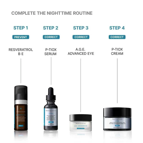 Man applying SkinCeuticals P-Tiox Cream to the eye area showing the cream visibly reducing deep-set wrinkles and pores