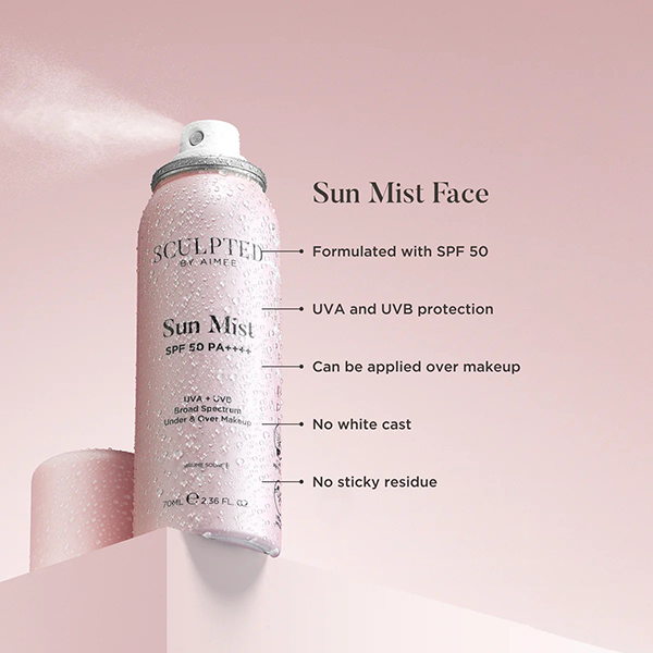 Bottle of Sculpted Sun Mist Spf 50 Spray listing the benefits