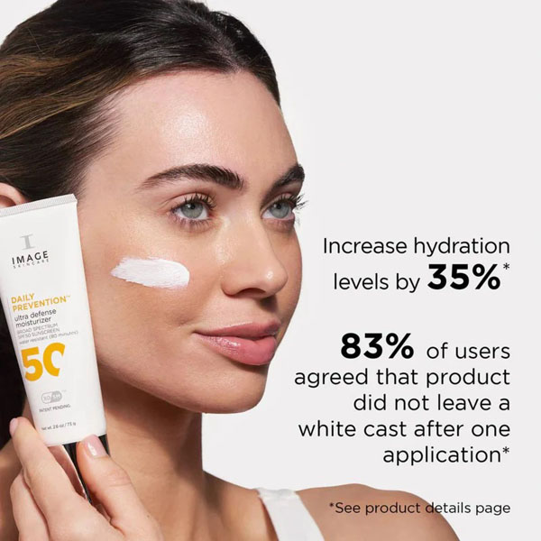 Model showing no white cast with Image Skincare Daily Prevention Ultra Defense Moisturiser Spf 50 Model showing no white cast with Image Skincare Daily Prevention Ultra Defense Moisturiser Spf 50