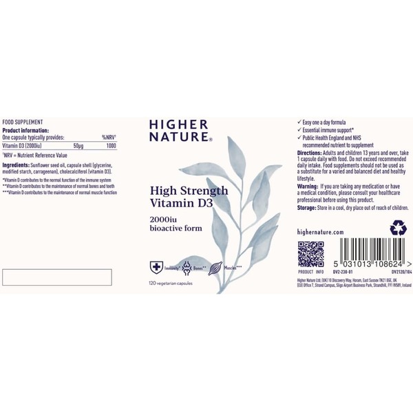 Higher Nature High Strength Vitamin D3 2000iu (60 Caps)