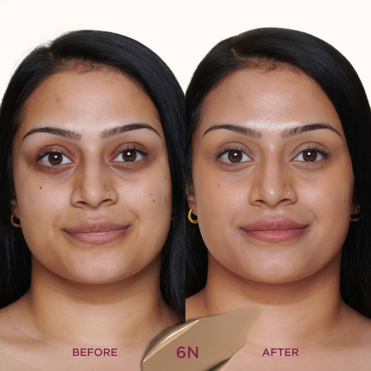 Face showing before and after Sculpted By Aimee Connolly Cream Cushion Foundation 6n