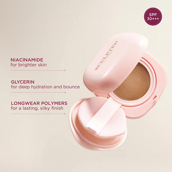 Compact showing benefits of Sculpted By Aimee Connolly Cream Cushion Foundation 6n