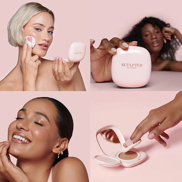 Four different skin tones showing Sculpted By Aimee Connolly Cream Cushion Foundation 